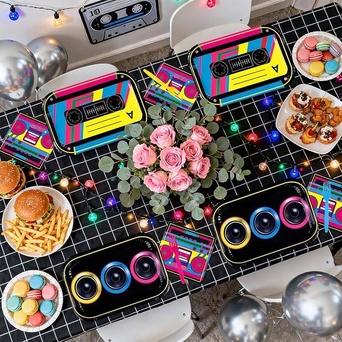96Pcs 80s 90s Party Decorations Cassette Tape Plates and Napkins Retro Disco Music Themed Supplies Hip Hop Kpop Disposable Tableware for Retro 80s 90s Birthday Party Decorations