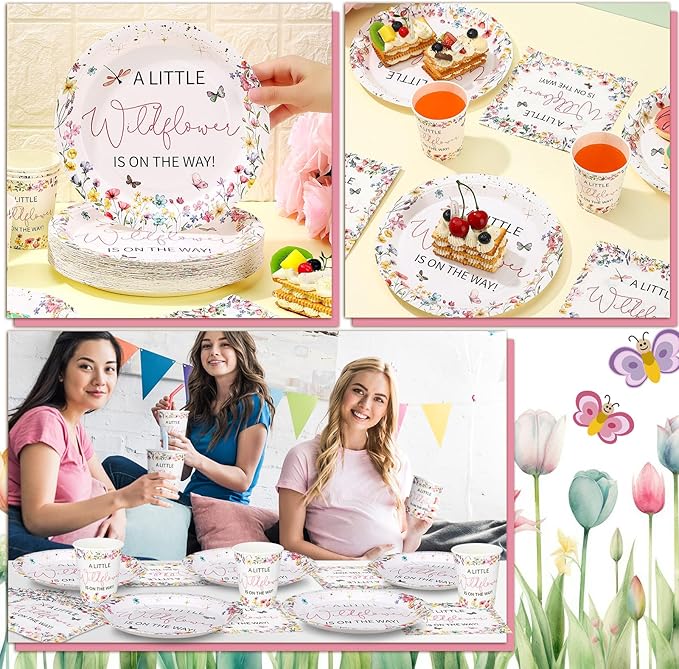Hushee 200 Pcs Baby in Bloom Baby Shower Paper Plates Napkins Cups Wildflower Party Supplies Tableware Set a Little Wildflower Is on The Way Disposable Plates for 50 Guest Spring Summer Party Decor