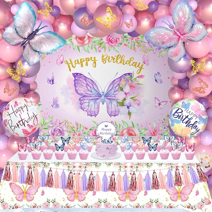 138PCS Butterfly Birthday Decorations for Girls, Butterfly Party Supplies Include Balloon Arch Butterfly Backdrop Foil Balloon 3D Butterfly Wall Decors Tablecloth Cake Topper Tassle