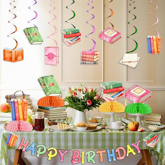 Book Birthday Party Decorations Reading Birthday Honeycomb Centerpieces Reading Ceiling Streamers I Love Reading Happy Birthday Party Banner for Library Books Club Party Supplies