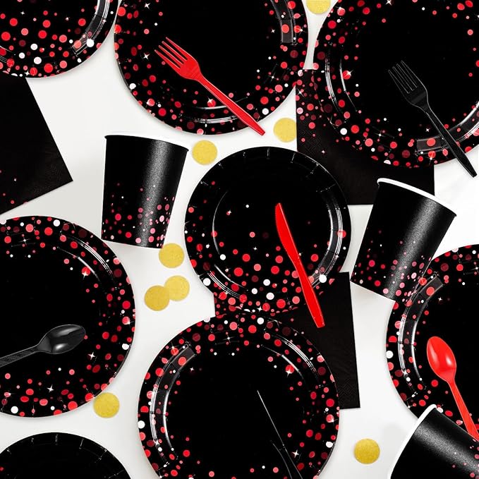 Grencian 168Pcs Black and Red Party Decorations Red Dot on Black Plates Napkins Cups Forks Knives Spoons Disposable Paper Tableware for Birthday Wedding Party Supplies, Serves 24