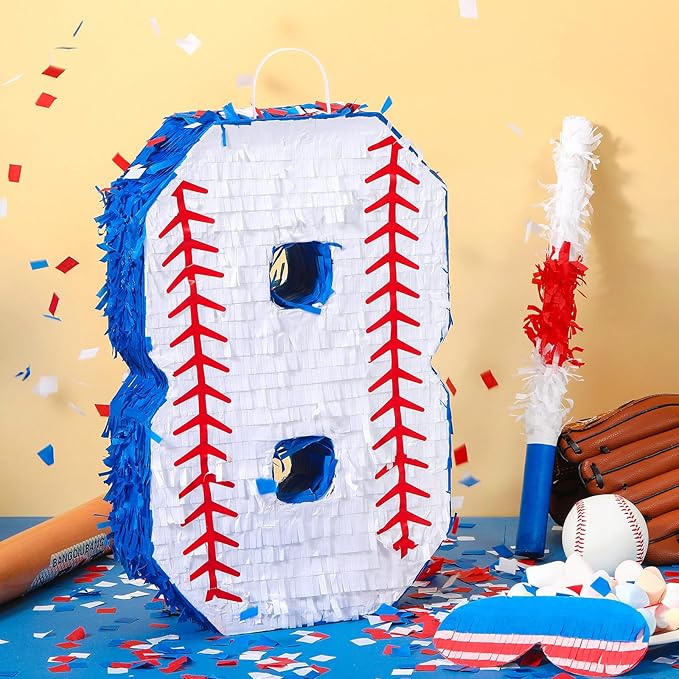 HyDren Baseball Piñata Baseball Party Decorations Number Piñata with Bat, Blindfold and Confetti, 16 Inch Sports Themed Birthday Party Supplies for Celebration Events(Number 8)