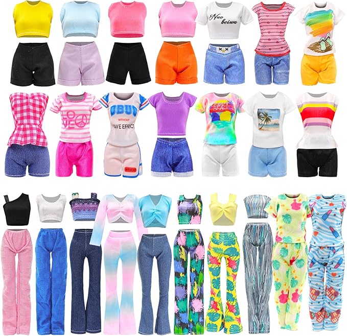 BARWA 30 PCS Doll Clothes and Accessories Casual Sport Sweet Outfits Pajamas Top and Pants Shorts High Heel Flat Shoes for 11.5 Inch Girl Doll