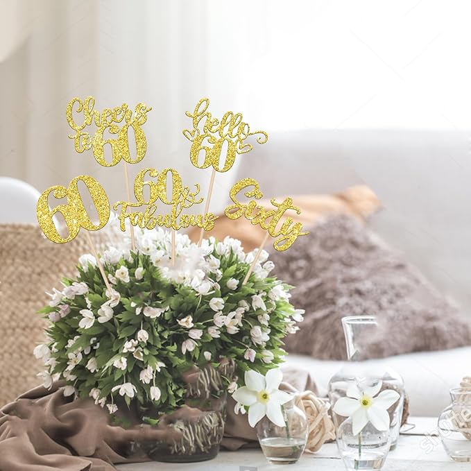 15PCS Happy 60th Birthday Centerpiece Sticks Hello 60 Fabulous Table Flower Centerpieces Sticks Sixty Cheers to 60 Years Floral Decoration for Happy 60th Birthday Party Centerpieces Sticks Gold