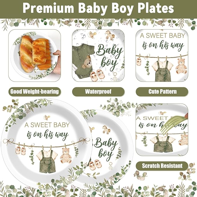 96Pcs Greenery Baby Shower Plates and Napkins Decoration Sage Green Baby Boy Party Tableware Dinnerware Set A Sweet Boy Is On His Way Paper Plates for Gender Reveal Party Supplies Serves 24 Guests