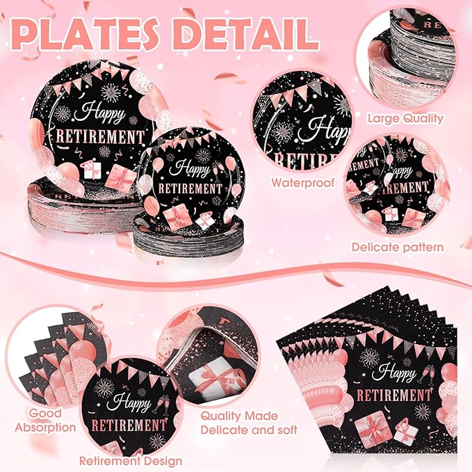 Zhehao 101 Pcs Retirement Party Tableware Set Black and Pink Happy Retirement Party Supplies Includes 50 Paper Plates, 50 Napkins and 1 Tablecloth for Men Women Say Goodbye