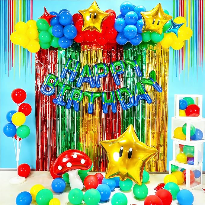 YIIHMEI Super Bros Happy Birthday Banner Party Decorations Balloons with Green Blue Cartoon Game Characters Theme Style Letters Signs Party Supplies for Boy's