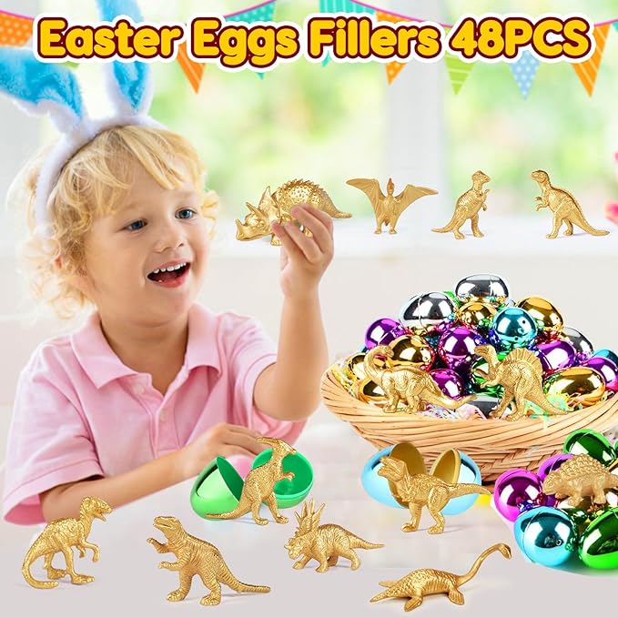 Gold Plastic Mini Dinosaur Figures Toys 48PCS Party Favors Supplies Birthday Dino Cupcake Toppers Prizes Box Toddler Kids Goodie Bags Pinata Easter Eggs Filler Basket Stuffer Classroom Prizes Bulk Toy