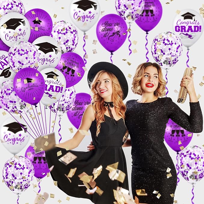 Whaline 60Pcs Graduation Party Balloon Set 7 Designs Confetti Latex Balloon with 2 Rolls Purple Ribbon Grad Cap Congrats Grad Balloon for Graduation Party Decoration Supplies (Purple, White)