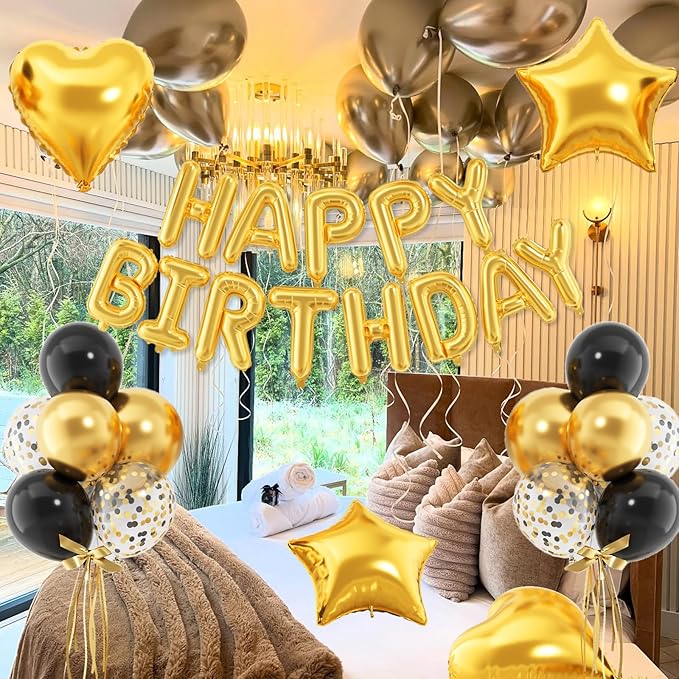 29PC Gold Happy Birthday Balloon Banner, 16 Inch 3D Aluminum Letter Banner Sign, Confetti Black Gold Metallic Balloons 18 Inch Star Heart Foil Balloons for Women, Men Party Decorations