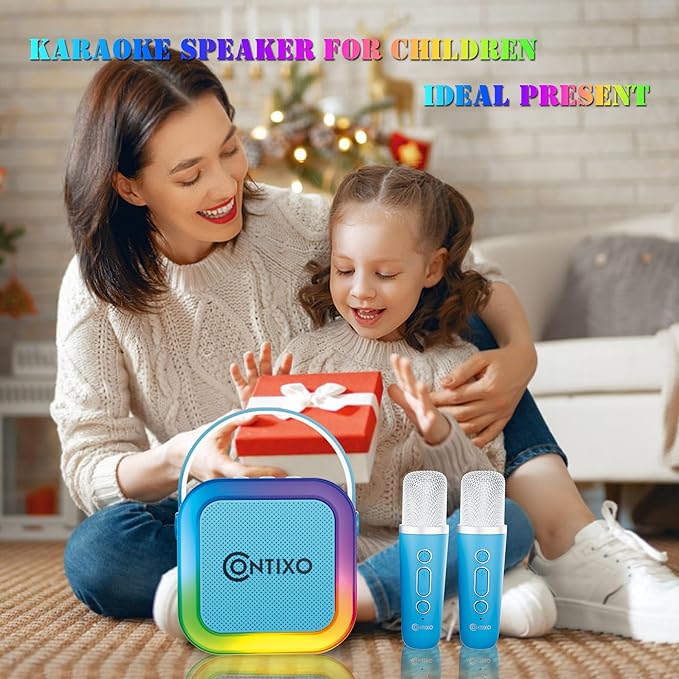 Contixo KS1 Mini Karaoke Machine for Kids, Portable Bluetooth Speaker with 2 Wireless Microphones & Dynamic Lights for Boys & Girls, Home Party Entertainment Toy (Blue)