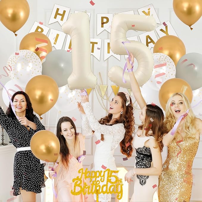 Gold Birthday Party Decorations, Cream White 15th Happy Birthday Decorations With Number 15 Balloons Sand White Latex Balloon Champagne Fringe Curtain Cake Topper Banner For 15th Party Supplies