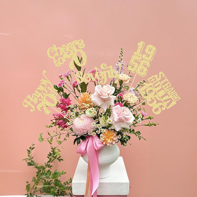 Gyufise 15Pcs Happy 70th Birthday Centerpiece Sticks Seventy Straight Outta 1956 Table Flower Centerpieces Sticks Decorations for Cheers to 70th Birthday Party Supplies Gold