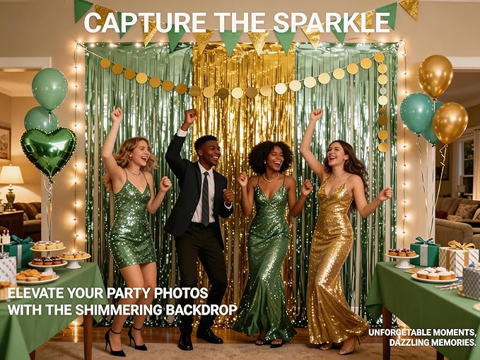 3 Packs Sage Green Gold Foil Fringe Curtains Light Green Birthday Decorations Extra Wide 9.9ft for Wedding Party Backdrop Bridal Shower Group Photos,Birthday Party Door Cover Each 3.3 x 6.5 ft