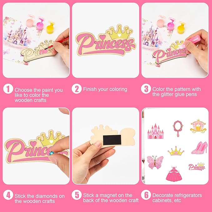 Bafeil 24 Sets Princess Party Favors, DIY Wooden Painting Crafts Kit with Magnets, Princess Birthday Party Supplies, Princess Party Decorations Goodie Bags Gifts Stuffers Prizes