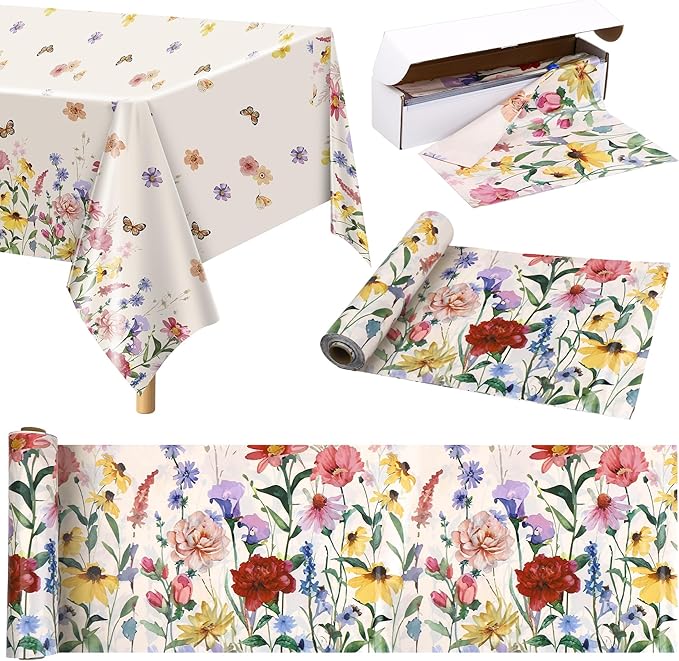 Kochorie Spring Floral Tablecloth Roll 54 Inch x 100 Feet Plastic Flower Tablecloth Roll Wildflower Butterfly Disposable Table Cover for Spring Tea Party Supplies Birthday Wedding Party Decorations