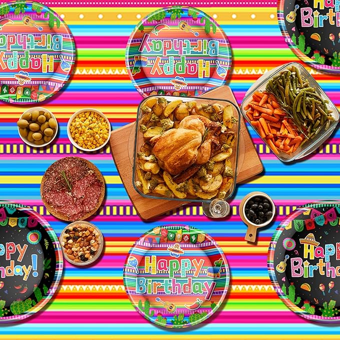 Mexican Fiesta Party Supplies Tableware Set Mexican Cinco De Mayo Themed Tableware with Paper Plates Napkins Cups Tablecloth Banner for Mexican Fiesta Party Decorations, Serves 24