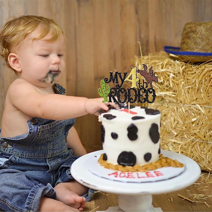 1 PCS My 4th Rodeo Cake Topper Brown Glitter Cactus Four Birthday Cake Pick Decoration for Western Little Cowboy Theme Baby Shower Kids 4th Birthday Party Cake Decorations Supplies
