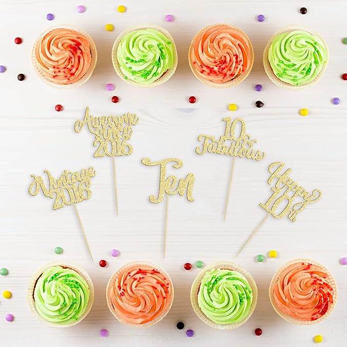 30Pcs Vintage 2016 Cupcake Toppers Glitter Happy 10th Birthday 10 Fabulous Cupcake Picks Cheers to 10 Years for 10th Birthday Wedding Anniversary Party Cake Decorations Supplies Gold