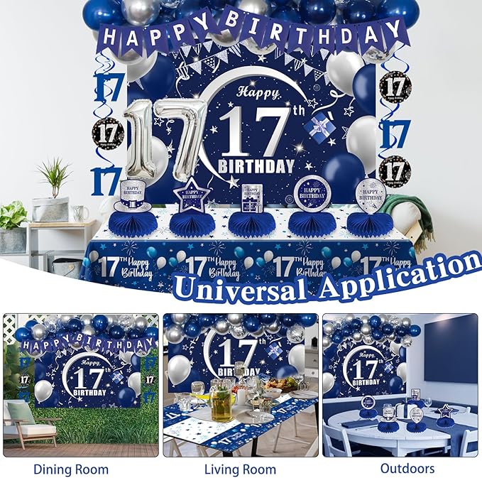 17th Birthday Decorations for Boys Girls, 54 PCS Happy 17 Balloon Numbers Set for Boys, Blue 17 Year Old Birthday Party Supplies with Bday Tablecloth Banner Honeycomb Centerpieces Hanging Swirls