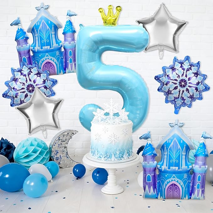 7Pcs 5th Birthday Party Decorations Balloons,Winter Snowflake Balloons Large Blue 40 Inch Number 5 Balloon Foil Star Castle Ballon for Birthday Party Favor Decor Supplies Winter Wonderland Decoration