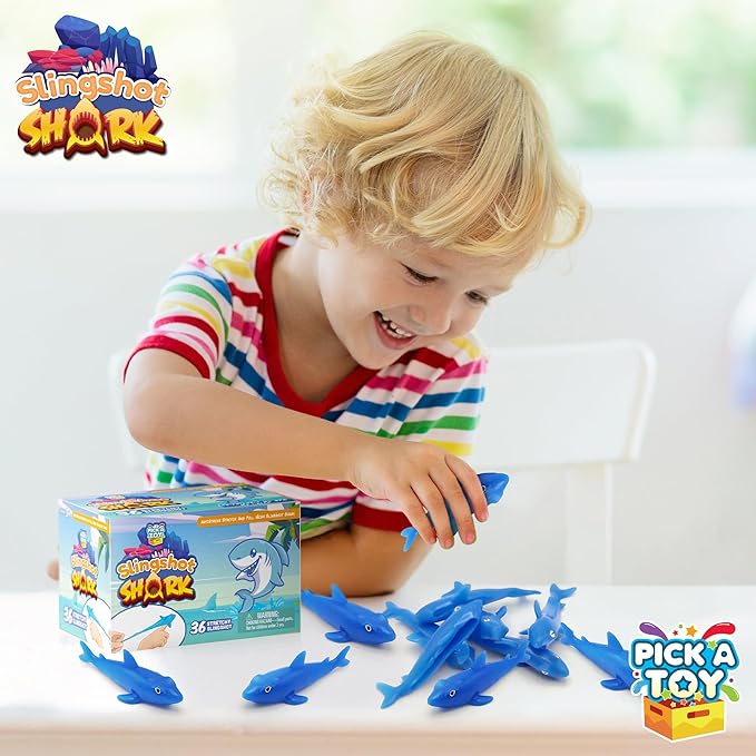 PICK A TOY 36 Pcs Shark Party Favors Stretchy Slingshot Toys, Mini Toys, Birthday Goodie Bags Stuffers, Sea Animal Party Decorations, Fish Shooter Game Finger Flicker, Easter Basket Stuffer