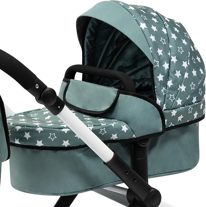 Bayer: Pram Xeo: Stars Green & White - Matching Handbag, Adjustable Handle, Dolls Up to 20", Ages 3+ | Baby Dolls | Dress Up
