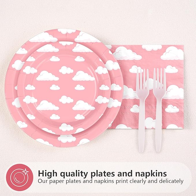 96 Pcs Pink Sky White Clouds Party Supplies Cartoon Story Plates and Napkins Disposable Clouds Theme Tableware Set for Girls Birthday Baby Shower Party Decorations Serves 24