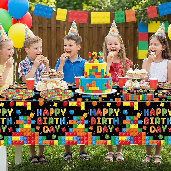 41 PCS Building Block Party Supplies,Colorful Paper Plates and Napkins with Building Block Disposable Plastic Table Cover for Happy Building Blocks Themed Birthday,Building Blocks Party ,Serves 20