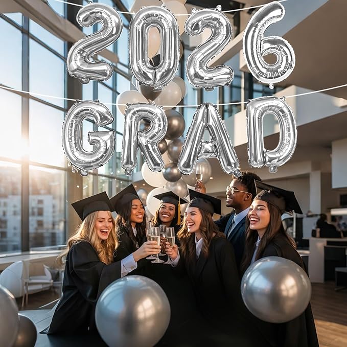 Silver 2026 GRAD Foil Balloons, 16 Inch Metallic Silver Grad Congrats Balloons Banner for Graduation Decorations 2026, College High School Class of 2026 Graduate Congratulations Party Decor Supplies