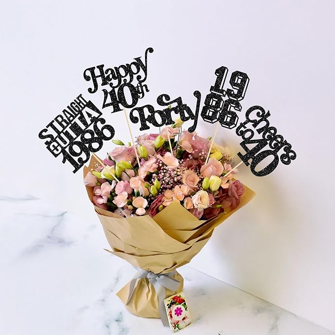 Gyufise 15Pcs Happy 40th Birthday Centerpiece Sticks Forty Straight Outta 1986 Table Flower Centerpieces Sticks Cheers to 40 Decorations for 40th Birthday Party Supplies Black