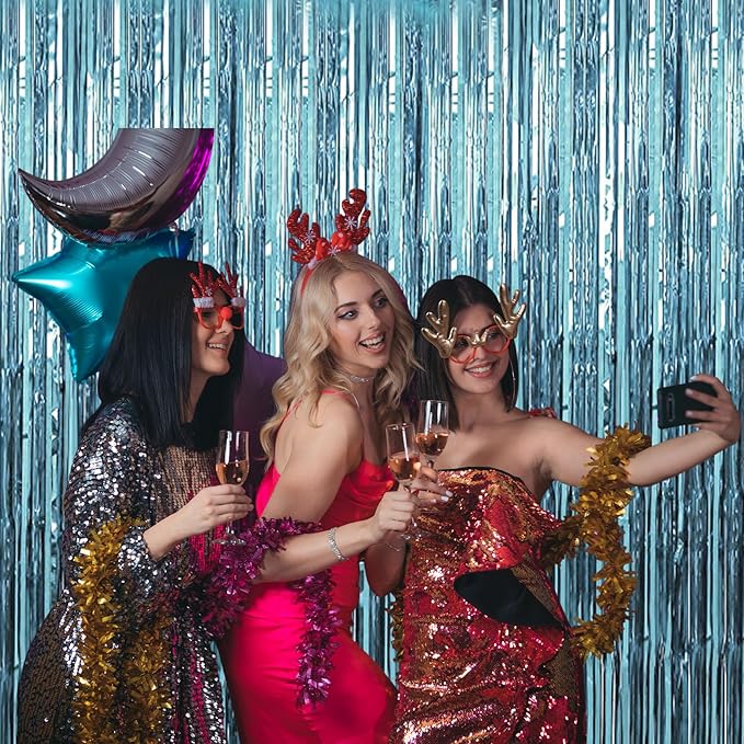 3 Pack 3.3 x 9.9 ft Light Blue Foil Fringe Backdrop Curtain, Streamer Backdrop Curtains, Streamers Birthday Party Decorations, Tinsel Curtain for Parties, Galentines Decor, Photo Booth