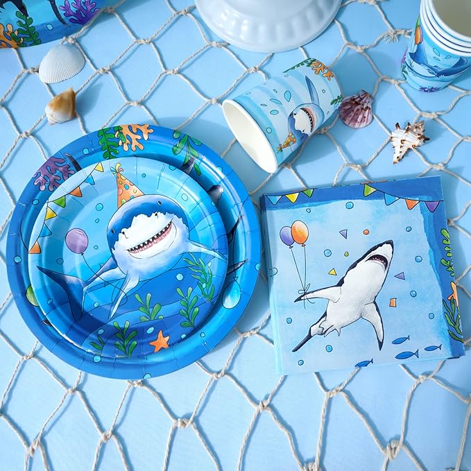 WERNNSAI Shark Birthday Party Decorations - 64PCS Under The Sea Birthday Decorations Blue Ocean Plates Cups Napkins Tableware for Kids Boys Baby Shower Summer Pool Party Decor Serves 16 Guests