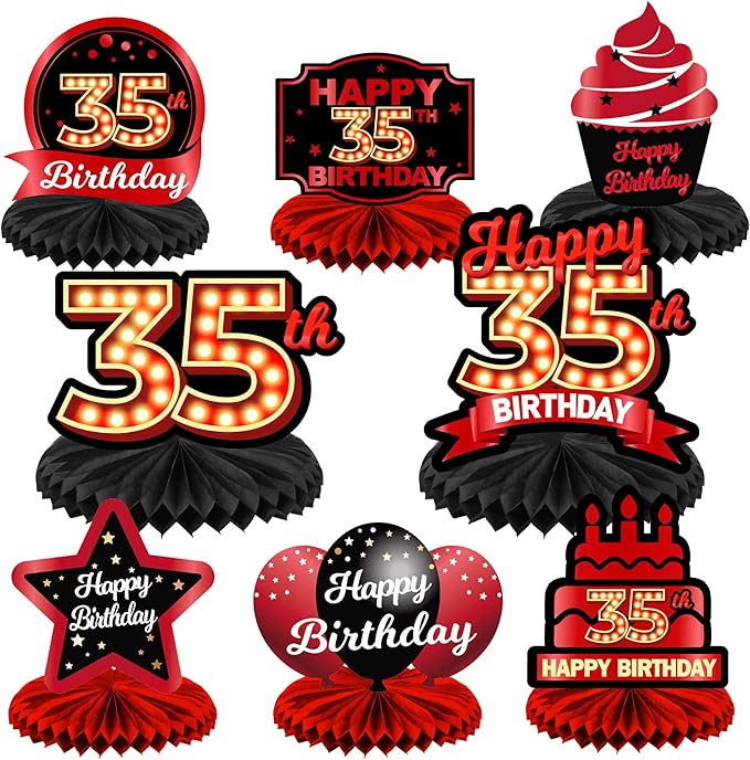 Happy 35th Birthday Red and Black Table Honeycomb Centerpieces Balloons Theme Decor Table Decorations Table Toppers for Girls Women Princess 35 Years Old Birthday Party Bday Supplies Background Gold