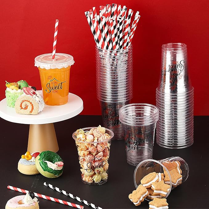Domensi 50 Sets House Warming Party Supplies Plastic Cup 12 oz Home Sweet Thick Clear Cup Lids Straws Decoration for Welcome Home New House Decoration Supplies