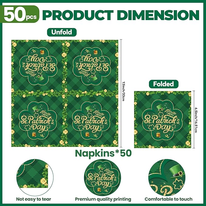 50 Pcs St Patrick's Day Shamrock Green Clover Paper Napkins, 6.5''x6.5'' Irish Green Gold Disposable Cocktail Beverage Napkins for Home Dinner Kitchen Bathroom Party Supplies