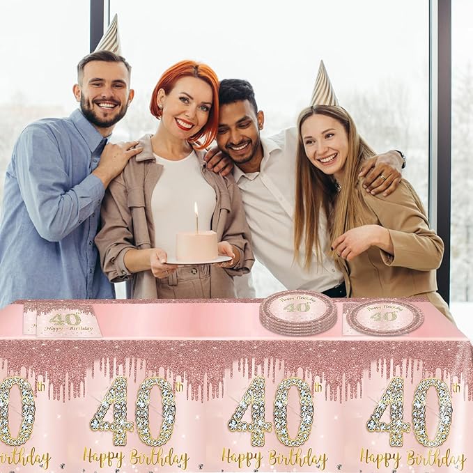 40Pcs 40th Birthday Decorations for Women 1986 Birthday Table Disposable Tableware Kit Rose Gold 40th Birthday Plates and Napkins Set 40th Birthday Tablecloth for Women Forty Birthday Party Supplies