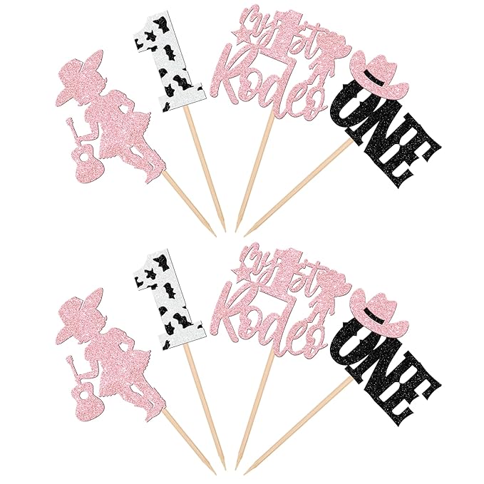 24 PCS Cowgirl 1st Birthday Cupcake Toppers Glitter My 1st Rodeo First Birthday Hat Cowgirl One Cupcake Picks for Western Theme Baby Shower Kids Girls 1st Birthday Party Cake Decorations Supplies