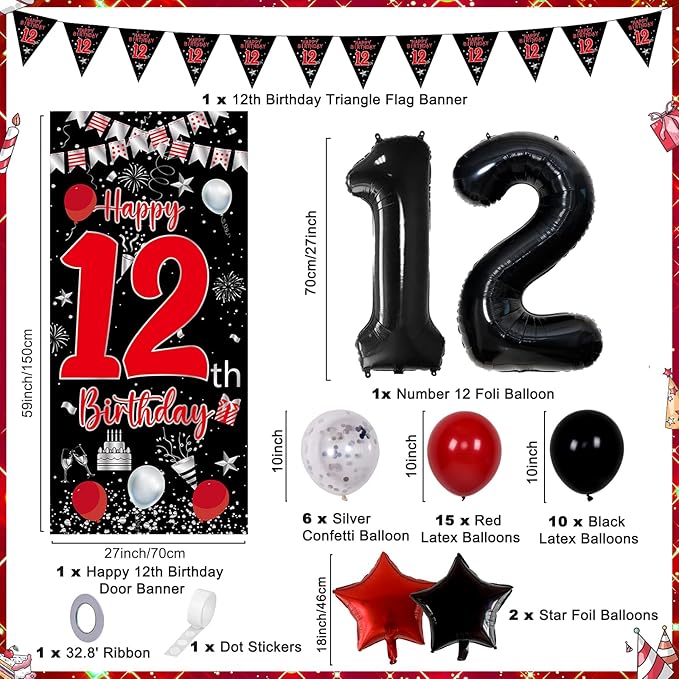 12th Birthday Decorations Boy, Red Black Happy 12th Birthday Decorations for Boys Girls, 12 Year Old Birthday Door Banner, Triangle Flag, Large Number 12 Balloons Decor Boy Twelve Bday Party Supplies