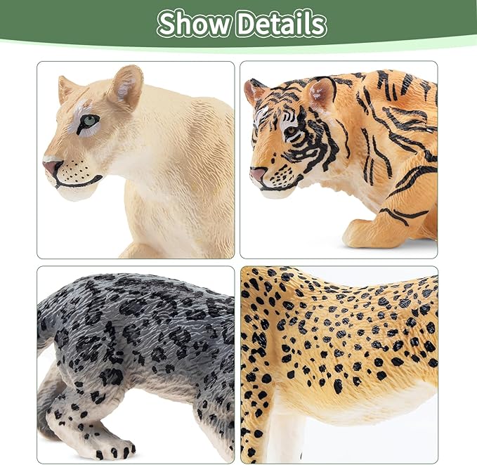 Toymany 12PCS Big Cat Wild Animal Figurines, Realistic Safari Animals Set Includes Lion,Tiger,Cougar,Cheetah,Leopard,Jaguar,Lynx Educational Toy Cake Toppers Christmas Birthday Gift for Toddlers