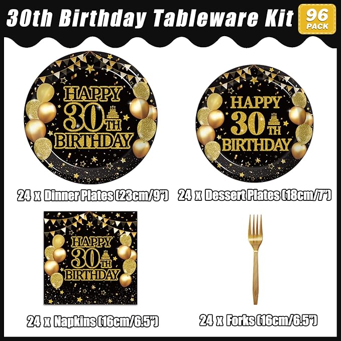 96Pcs 30th Birthday Party Tableware Set, Back in 1996 Birthday Party Decorations Supplies for Men Women Kepeel Cheers to 30 Years Disposable Paper Plates Napkins Forks Favors, Serve 24