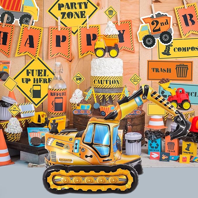 Self Standing 4D Foil Construction Balloon,Large Excavator Balloon, Digger Engineering Vehicle Balloon for Kids,Construction Birthday Party Supplies for Construction Theme Party Decoration