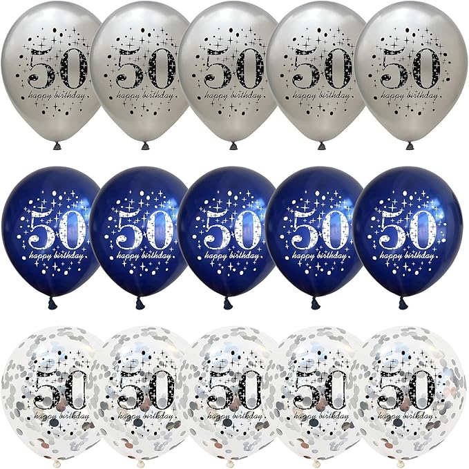 Happy 50th Birthday Balloons Navy Blue Silver, 15 Pieces 50th Birthday Decorations for Men, Blue Silver 50th Party Balloons for Him Age 50 Years Old 50th Birthday Party Decor Celebration Supplies