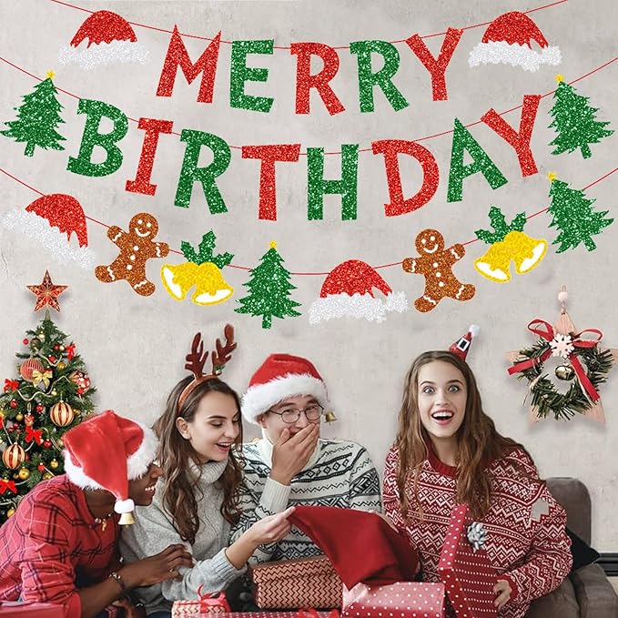 Zwiebeco Merry Christmas Birthday Party Decorations Red Green Banner Hanging Paper Tree Gingerbread Man Bells Hat Sign for Xmas Wall Home Garden Outdoor Accessories Supplies