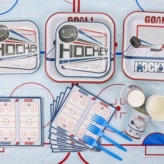 Hockey Birthday Decorations - 81Pcs Tableware Pack, Disposable Hockey Theme Plates, Napkins, Tablecloth for Kids Fans Sports Birthday Party Supplies, Serve 20