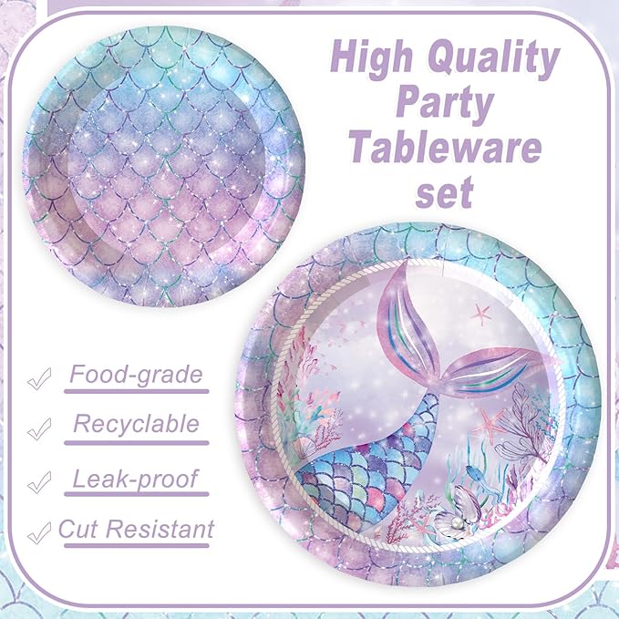 120PCS Mermaid Themed Party Supplies for Girls Baby Shower Under the Sea Mermaid Birthday Party Decorations Ocean Party Tableware Plates Cups Napkins Knives Forks for 20 Guests