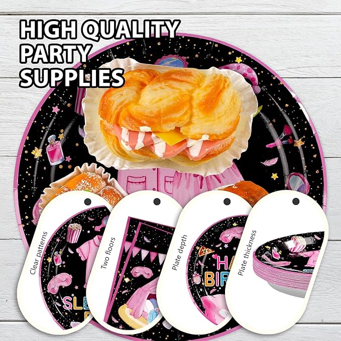 Grencian 96 Pcs Sleepover Birthday Party Supplies Black Sleepover Plates and Napkins Disposable Tableware Set Pajama Party Decorations for Girls Slumber Themed Birthday Decorations Serves 24