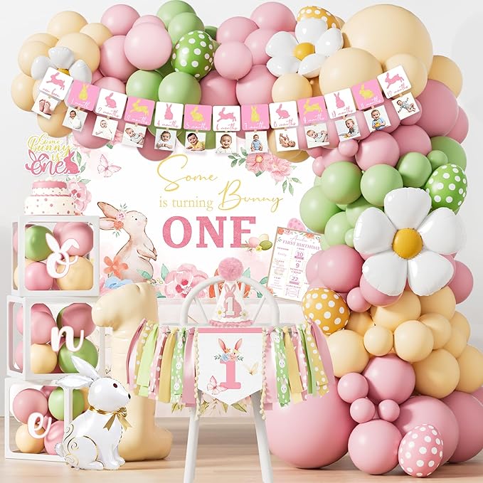 Some Bunny Is One Birthday Party Decorations for Girl, Pink Easter Bunny Rabbit 1st Birthday Supplies, Balloon Garland Kit, High Chair Banner and Backdrop for One Year Old Spring Birthday Girl Décor