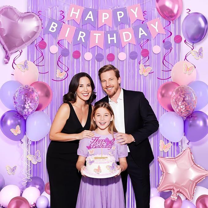 16th Purple Birthday Decorations for Girls, Pink and Purple Happy 16 Birthday Party Decorations with Happy Birthday Banner, Number Foil Balloons, Butterfly Cake Topper for 16th Party Supplies