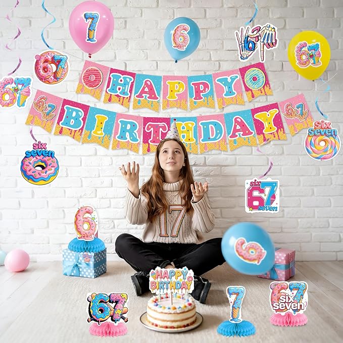 6 7 Birthday Decorations Funny 6 7 Happy Birthday Banner Six Seven Theme Party Supplies Blue Pink Birthday Party Decor for Kids Teens Adults Table centerpiece Decorations